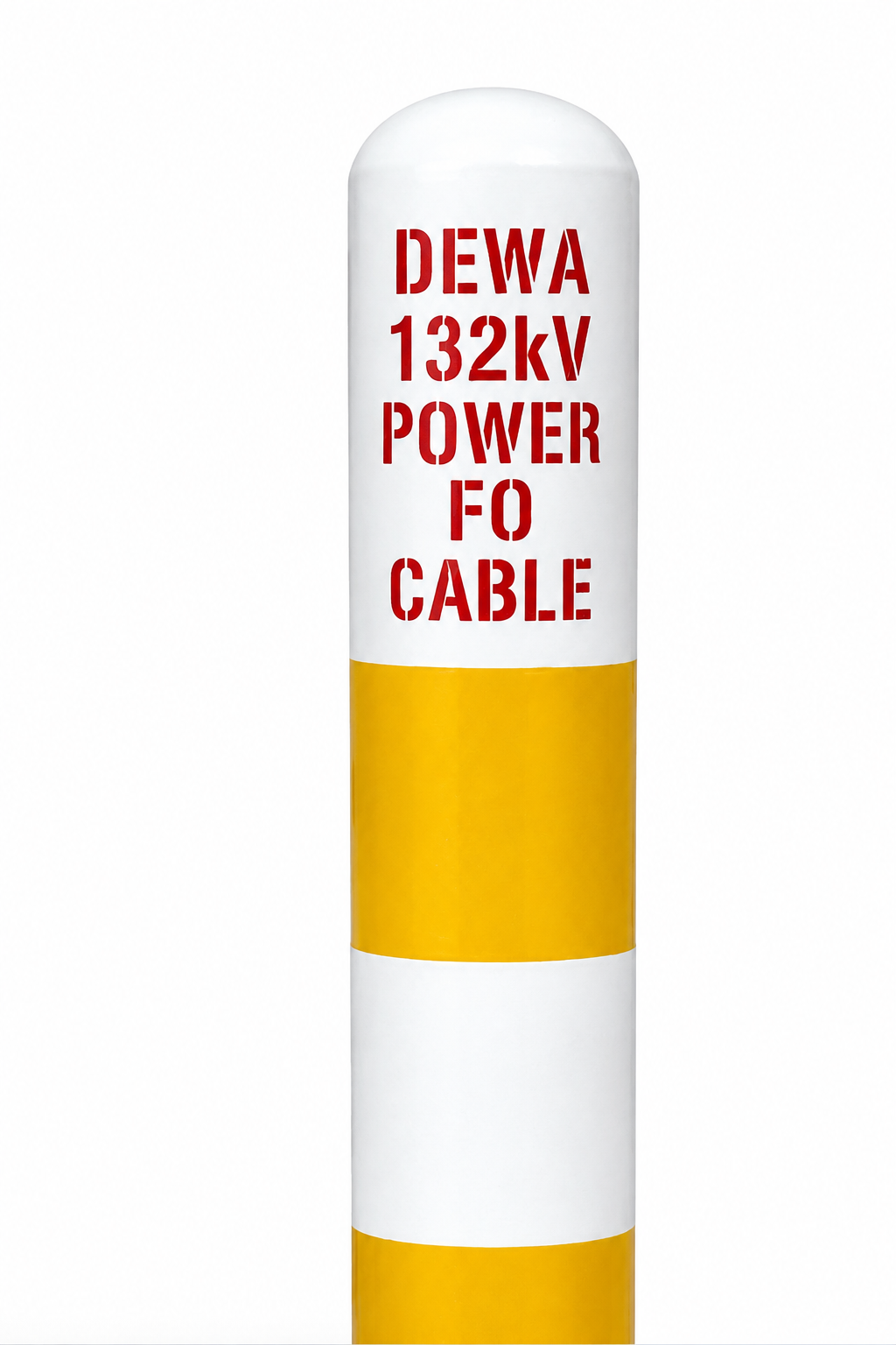 DEWA 132 kV power and fibre optic route marker — stencilled lettering and RAL 1003 band