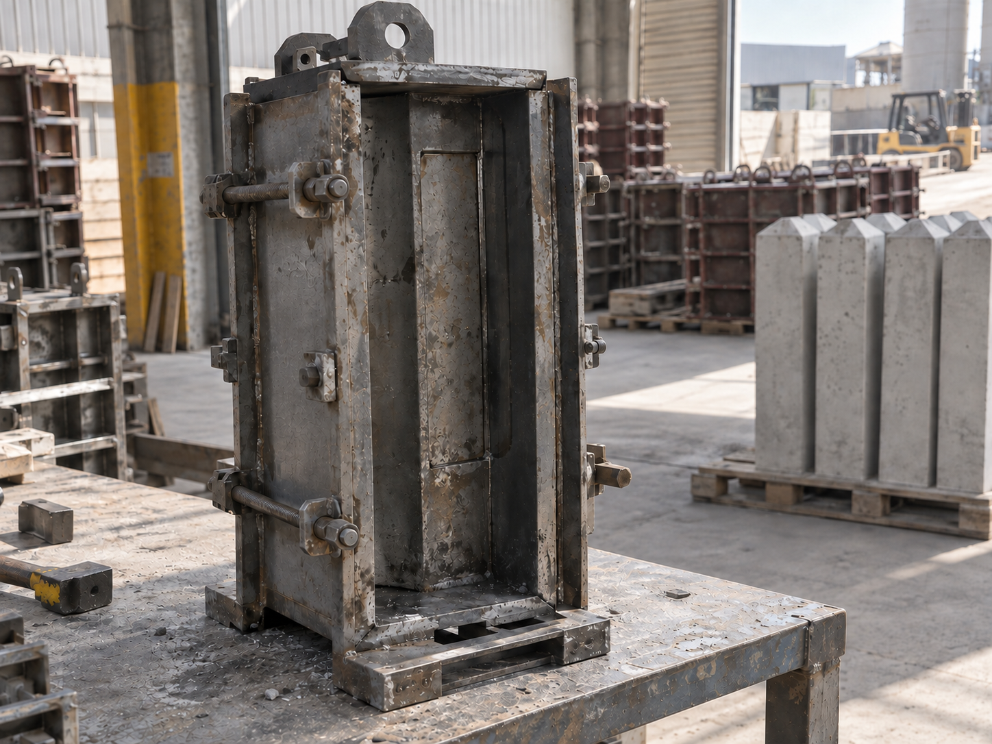Steel mould for a concrete route marker on the workshop bench